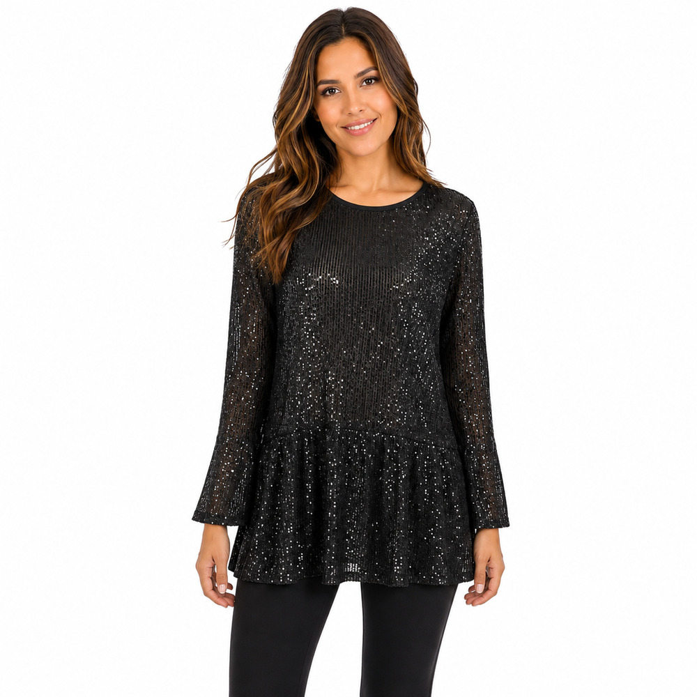 Zara Black Sequin Sheer Long Sleeve Tunic Top Party Fairy Whimsigoth Glam sz S